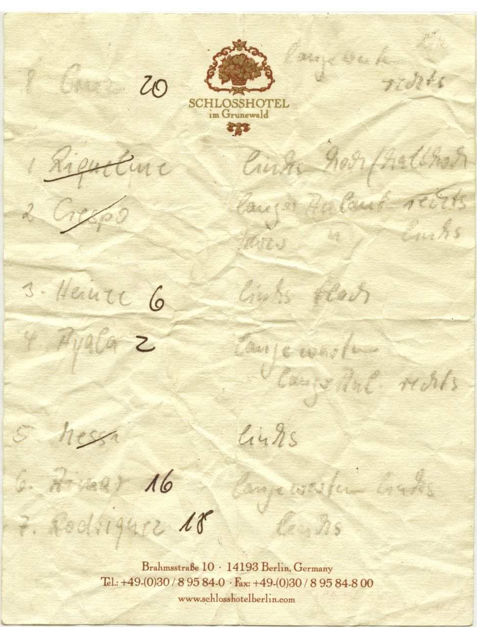 Weißer Zettel mit aufgedrucktem Logo und der Adresse vom Schlosshotel im Grunewald. Vorderseite: handschriftliche Liste von Spielern links und ihren Schusseigenschaften rechts. Rückseite: Widmung von Lehmann für seine Tocher Liselotta.